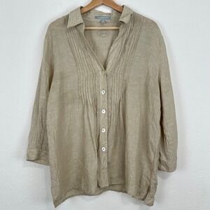 Foxcroft Womens Linen Sustainable Coastal Beach Top Sz 14 Beige Button Pintuck